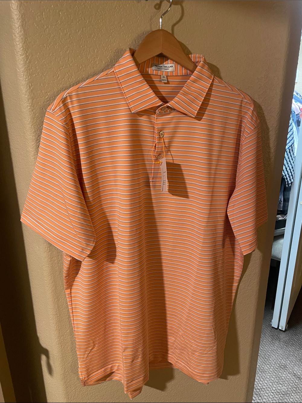 Peter Millar Coral Orange & White Striped Polo Short Size XL